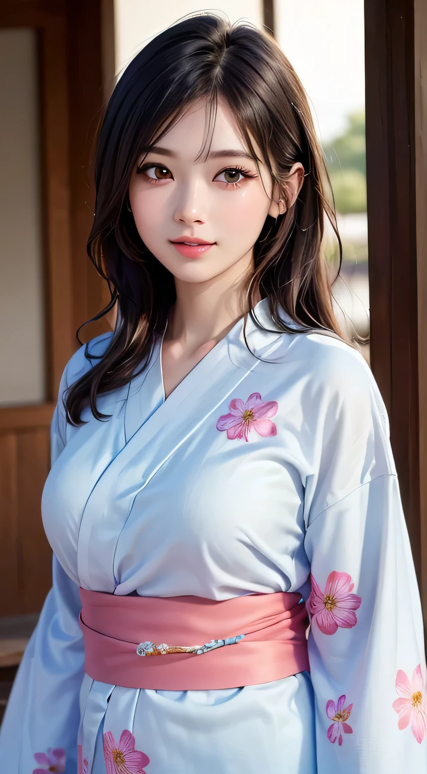 (One Girl), exremely cute face, Great face and eyes, (Highly detailed eyes, Highly detailed face), Fresh, Very beautiful appearance, (超Realistic, High resolution), (Highest quality:1.4), RAW Photos, (Realistic, Realistic:1.37), Professional photography, (Floral Yukata:1.3), smile, (look at me), Japanese-style room, Portrait of a Girl,Veranda、firework