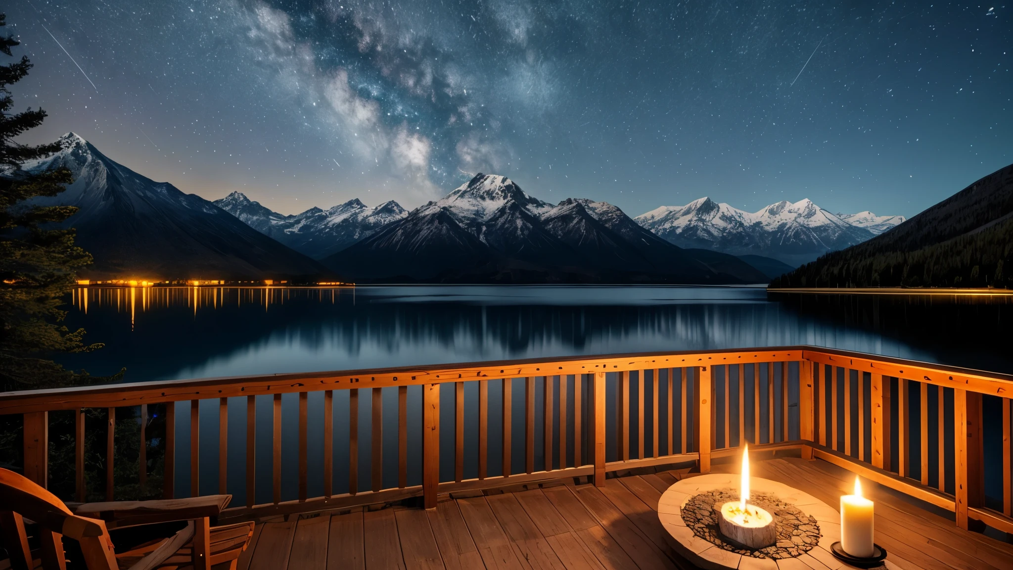 A distant mountain hut in the moonlight、Candle flame、lake、Balcony