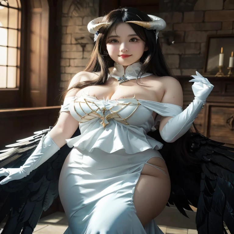 puffy woman in a white dress with wings and a helmet with horns, albedo from overlord, albedo from the anime overlord, full body majestic angel, elegant and glamorous cosplay, Cosplay de garota de anime, range murata and artgerm, villain has black angel wings, inspired by the Master of the Legend of Saint Lucia