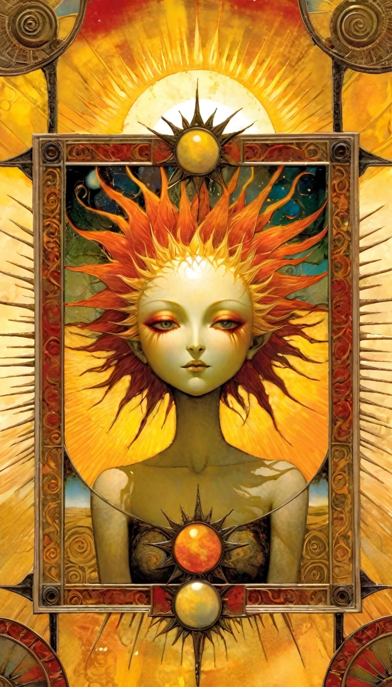 ((tarot card)) THE SUN ((card frame)), work by Dave mcKean, vivid colors, intricate details, oil.