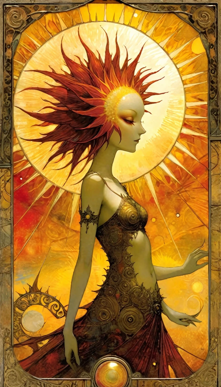 ((tarot card)) THE SUN ((card frame)), work by Dave mcKean, vivid colors, intricate details, oil.
