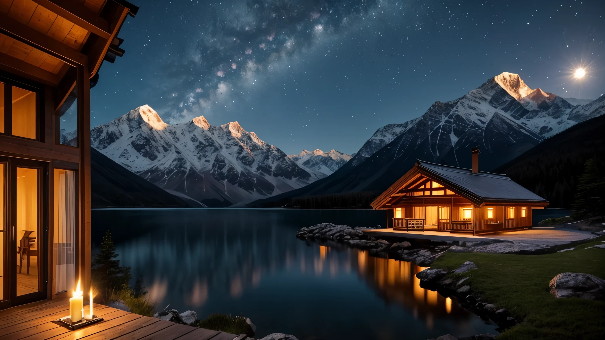 A distant mountain hut in the moonlight、Candle flame、lake、Balcony