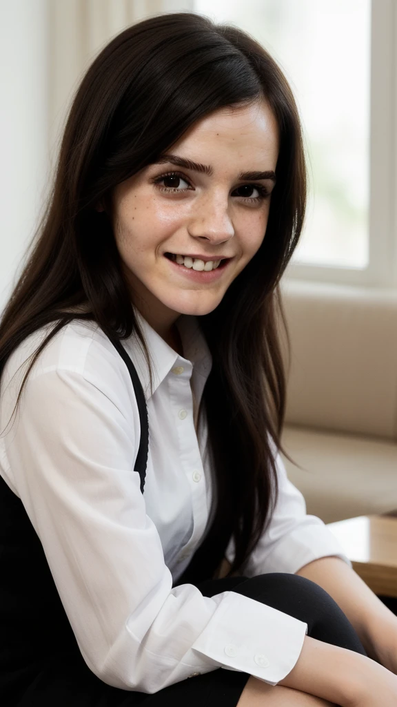 a woman at home, long black hair,  wearing white shirt, smile, cute face, closeup   Emma Watson 