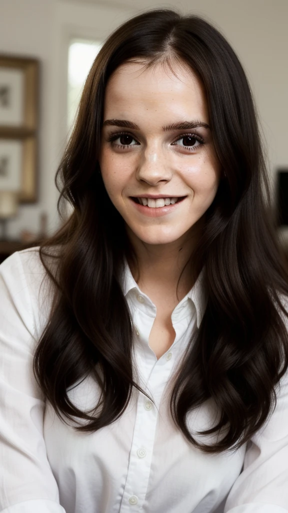a woman at home, long black hair,  wearing white shirt, smile, cute face, closeup   Emma Watson 