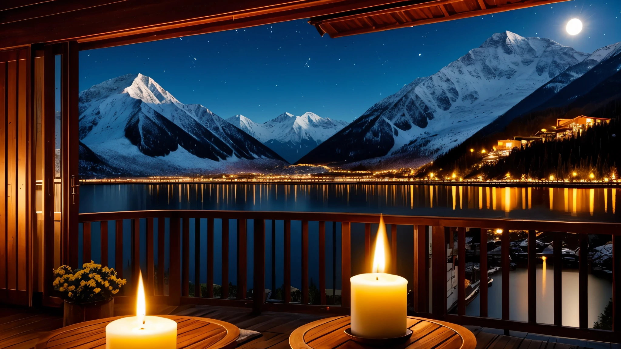 A distant mountain hut in the moonlight、Candle flame、lake、Balcony