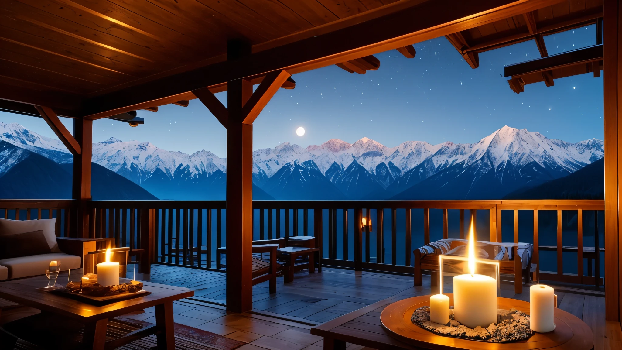 A distant mountain hut in the moonlight、Candle flame、lake、Balcony