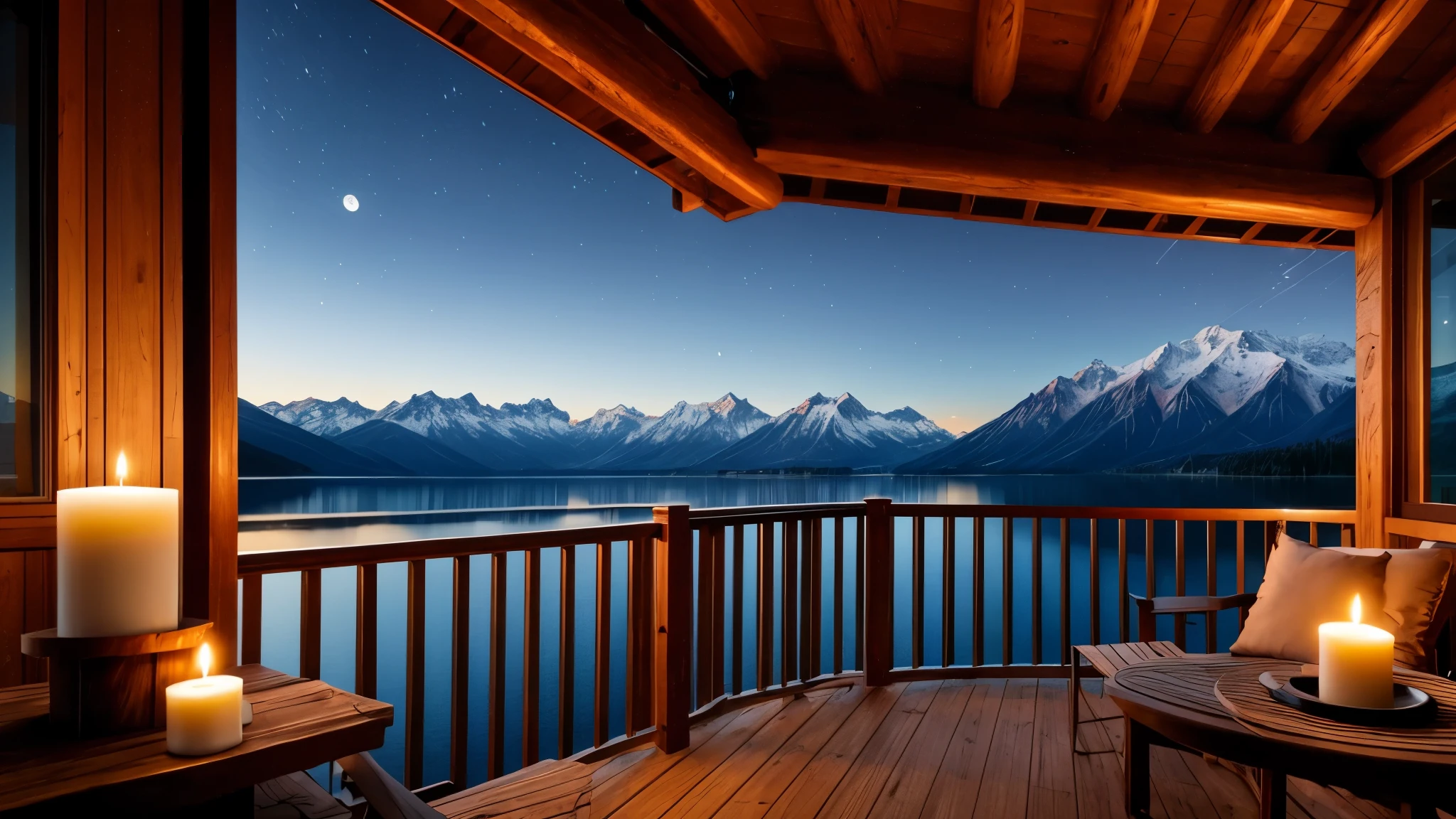 A distant mountain hut in the moonlight、Candle flame、lake、Balcony