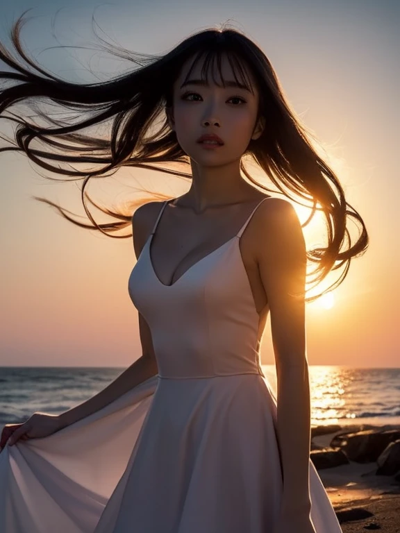 ((masterpiece)), (Highest quality), Official Art, unity 8k wallpaper, Very detailed, One Girl, alone, ((cowboy shot)), red, Evening Dresses, Seaside, Sunset, Swaying in the wind, silhouette, shine, warm, beautiful, hair