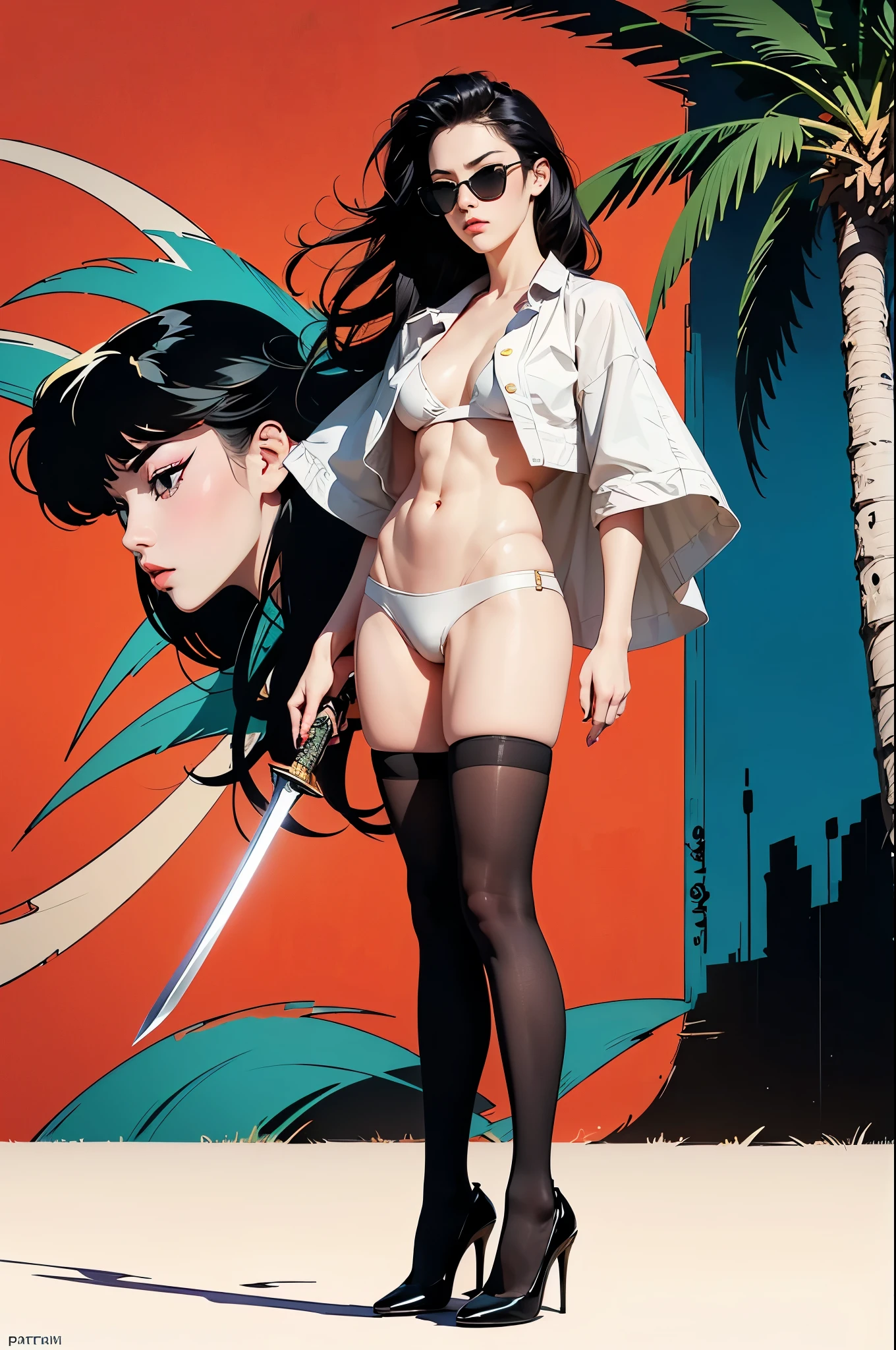 ((Art style by Patrick Nagel)), ((8k, wallpaper, detailed)), dark sunglasses, korean popstar, thighhighs, high heels, long legs, black hair, pretty hands, fringe, full body, samurai sword, (multiple girls:1.4), simple red background, palm trees, (graffiti wall:1.2), muscular, strong, courageous, art by Patrick Nagel