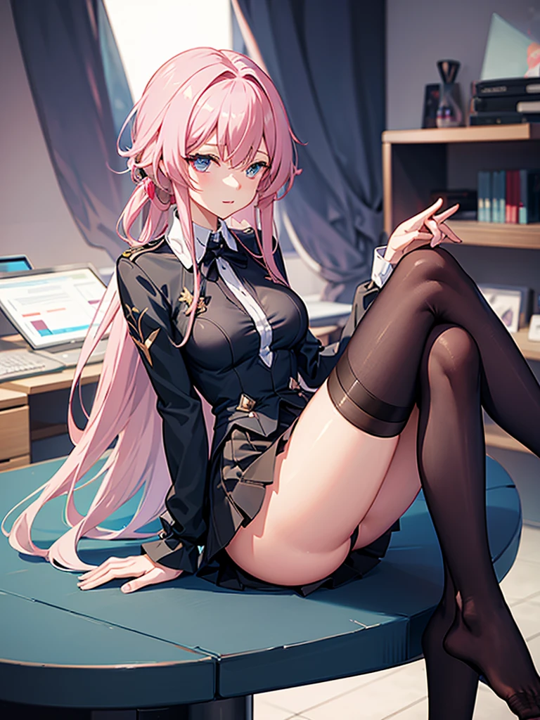 anime girl sitting on a desk with her legs crossed, office clothes, on a desk, thighhighs and skirt, sitting on a desk, tight attire, trending on cgstation, good hips and long legs, standing on a desk, elegant legs, sexy pose, long legs, (nsfw) safe for work, business attire, nice legs, photorealistic perfect body, kafka from honkai star rail