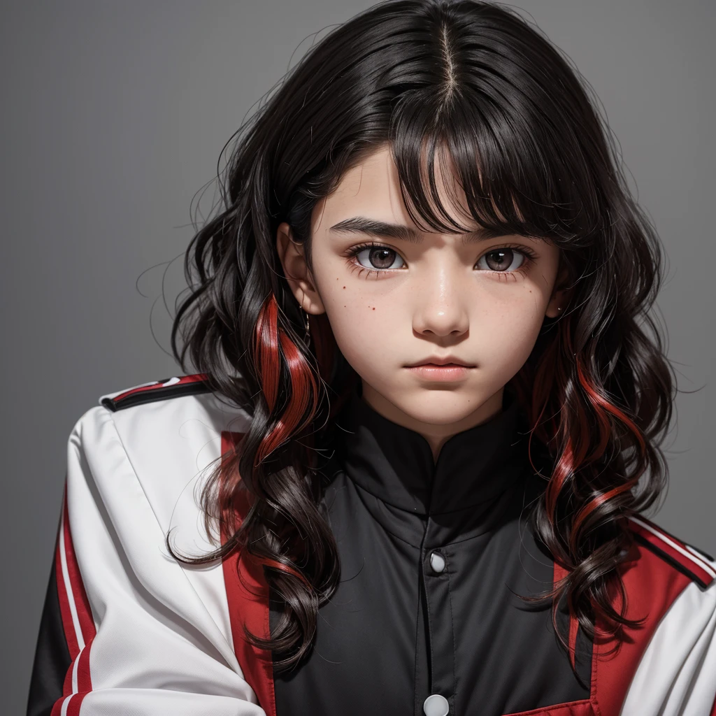 12 year old teenager short black wavy hair with red highlights, white skin honey-colored eyes and a gray uniform on his neck there is a very small moon-shaped mole 
