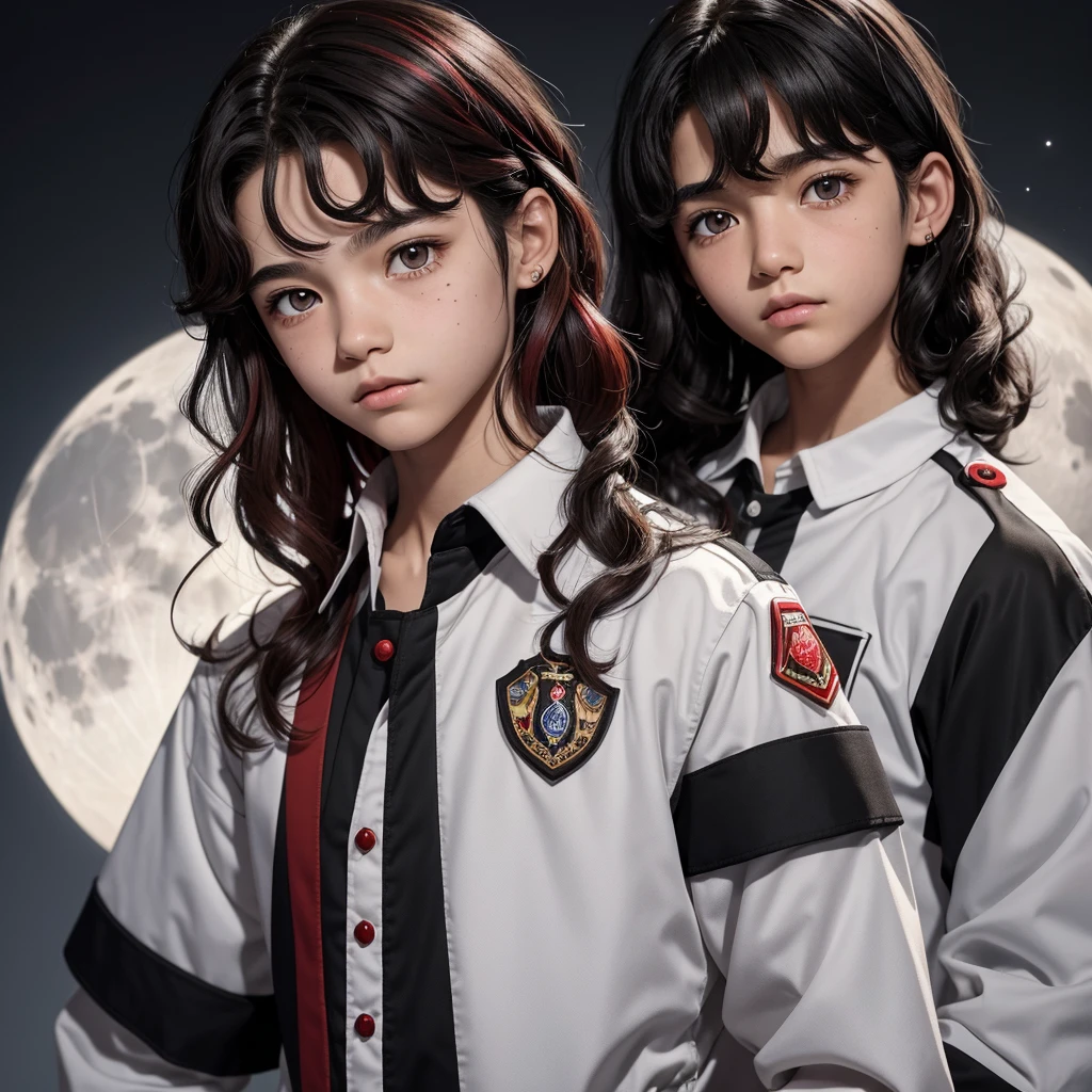 12 year old ager short black wavy hair with red highlights, white skin honey-colored eyes and a gray uniform on his neck there is a very small moon-shaped mole 