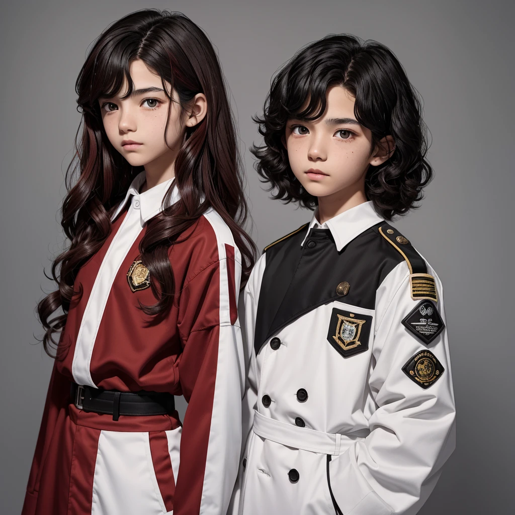 12 year old teenager short black wavy hair with red highlights, white skin honey-colored eyes and a gray uniform on his neck there is a very small moon-shaped mole 