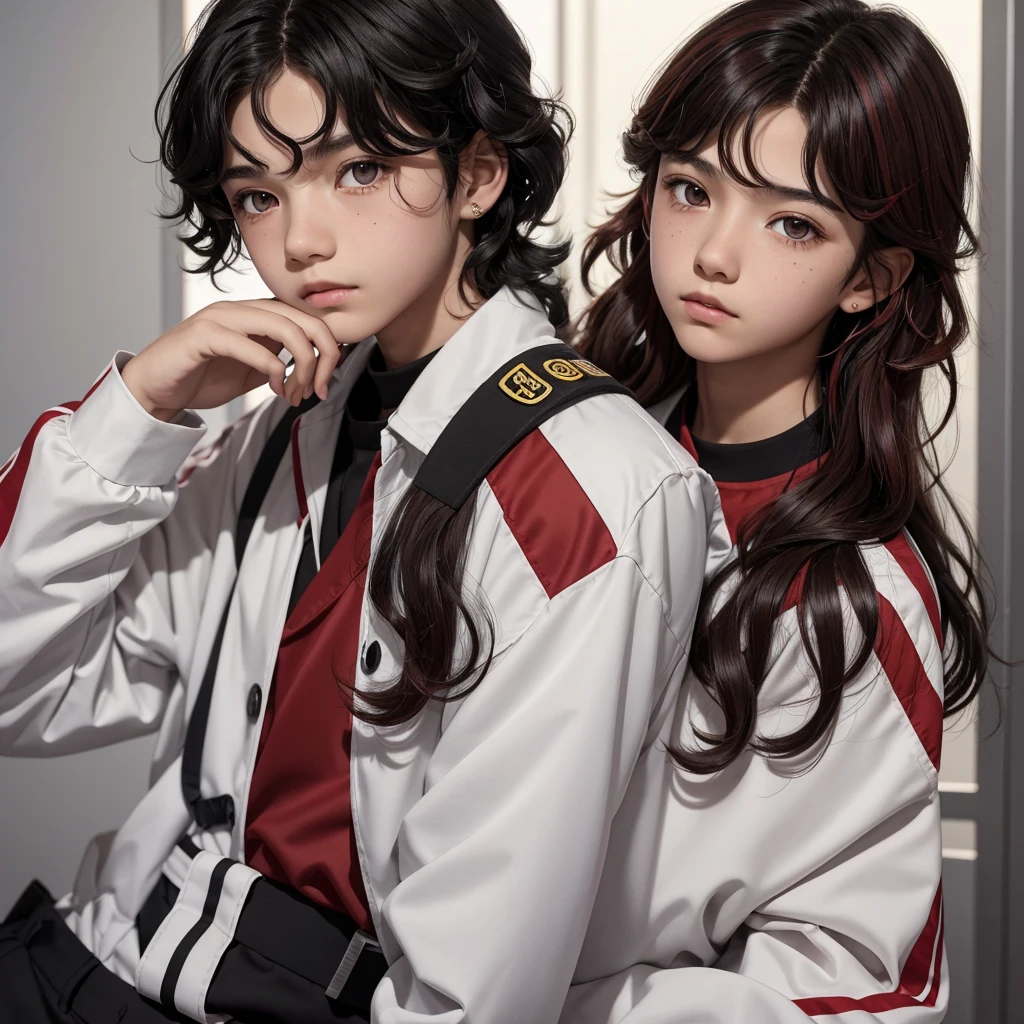 12 year old teenager short black wavy hair with red highlights, white skin honey-colored eyes and a gray uniform on his neck there is a very small moon-shaped mole 