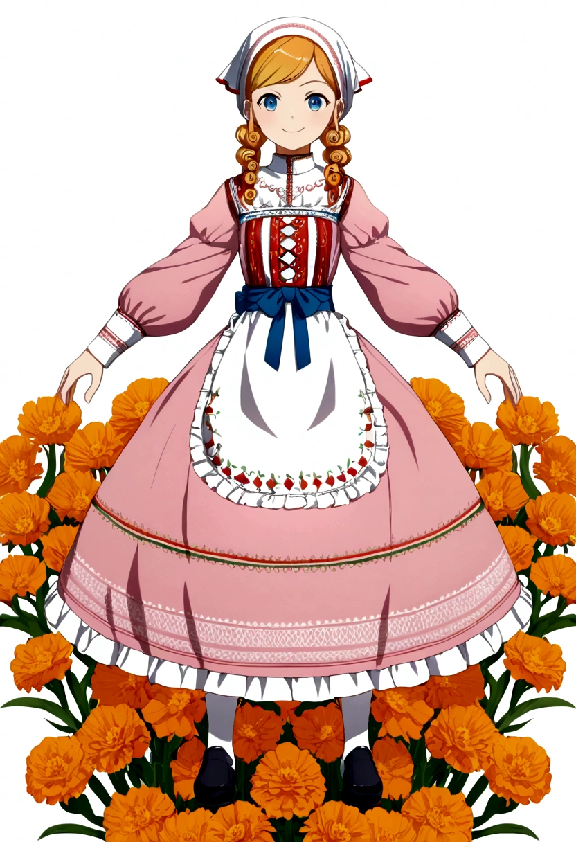 golden orange hair, gradient hair, very long hair, swept bangs, sidelocks, curly hair, wavy hair, (((((head scarf))))), head bandana, pink apron, flower in hair, marigold, orange flower, blue eyes, dirndl, pink dress, pink dirndl, long sleeves, waist apron, white apron, bow on waist, blue bow, , polish clothing, Slavic clothing, Hungarian clothing, anime, cute, full body, white leggings, black shoes, flat chest, smile,