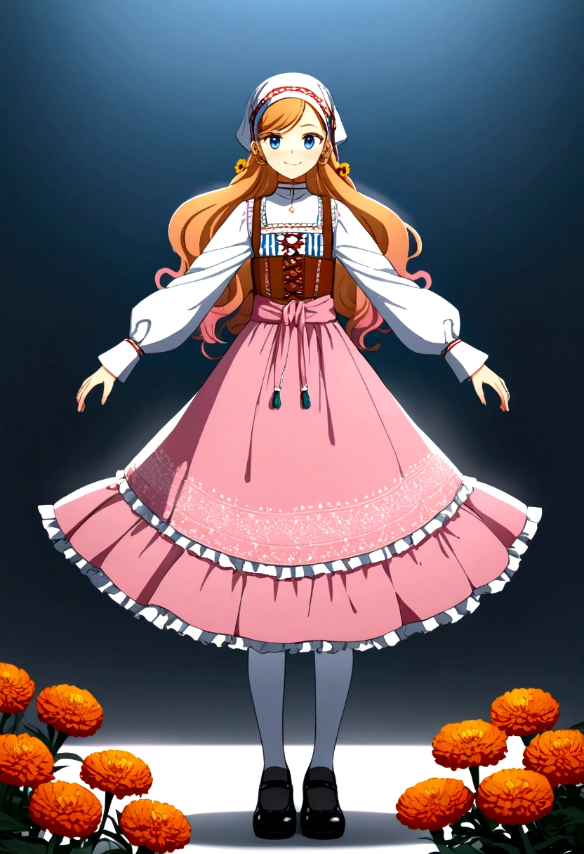 golden orange hair, gradient hair, very long hair, swept bangs, sidelocks, curly hair, wavy hair, (((((head scarf))))), head bandana, pink apron, flower in hair, marigold, orange flower, blue eyes, dirndl, pink dress, pink dirndl, long sleeves, waist apron, white apron, bow on waist, blue bow, , polish clothing, Slavic clothing, Hungarian clothing, anime, cute, full body, white leggings, black shoes, flat chest, smile, 