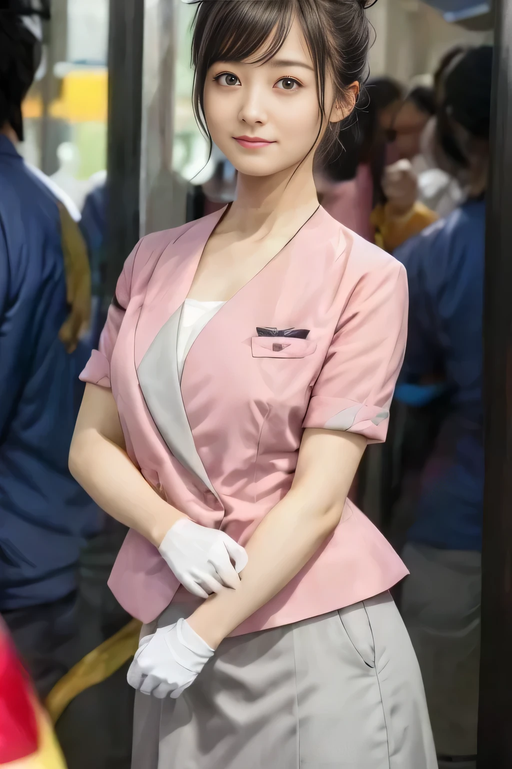 (masterpiece:1.2, Highest quality:1.2), 32k HDR, High resolution, (alone、1 girl)、（On the rooftop of a building in the daytime、Professional Lighting）、Building rooftop background、（Nankai train crew uniform pinkを着たリアルスタイル）、（Nankai train crew uniform pink short sleeve collarless pink jacket、Nankai Train Crew Uniform Pink Collarless Short Sleeve Blouse、Nankai Train Crew Uniform Pink Grey Knee-length Culottes）、（（The bottom of the pink short-sleeved jacket cannot be tucked into the clay-colored culottes.））、Dark brown hair、（Hair tied up、Hair Bun、Hair Bun）、Dark brown hair、Long Shot、Big Breasts、Thin legs、（（Great hands：2.0）），（（Harmonious body proportions：1.5）），（（Normal limbs：2.0）），（（Normal finger：2.0）），（（Delicate eyes：2.0）），（（Normal eyes：2.0））)、（Nankai Train Crew Uniform Pink Grey Knee-length Culottesを見せた美しい立ち姿）、smile