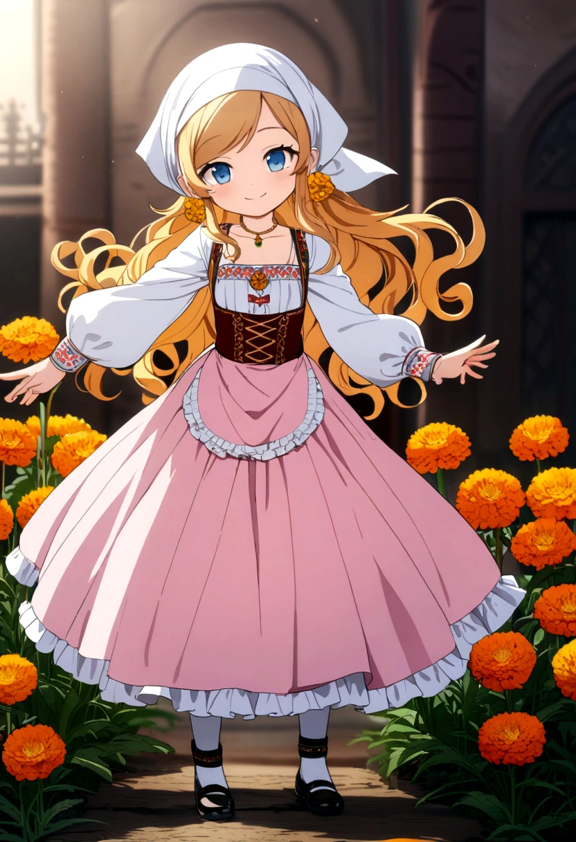 golden orange hair, gradient hair, very long hair, swept bangs, sidelocks, curly hair, wavy hair, (((((head scarf))))), head bandana, pink apron, flower in hair, marigold, orange flower, blue eyes, dirndl, pink dress, pink dirndl, long sleeves, waist apron, white apron, bow on waist, blue bow, , polish clothing, Slavic clothing, Hungarian clothing, anime, cute, full body, white leggings, black shoes, flat chest,, smile