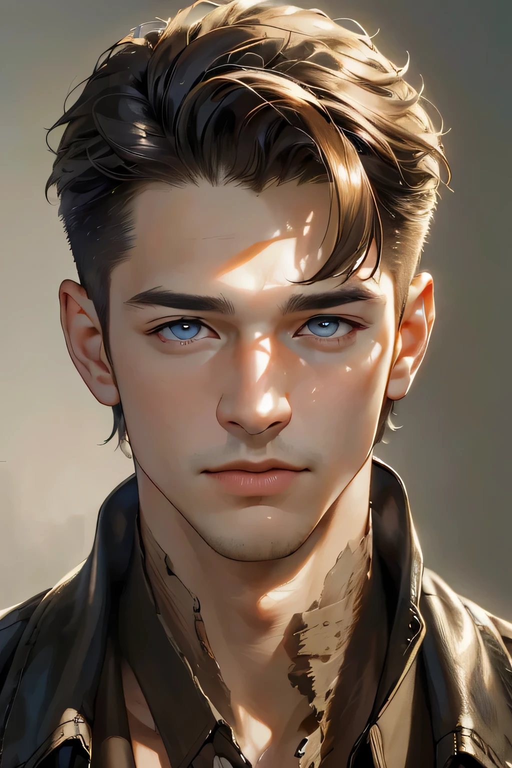 (masterpiece, Best quality, A high resolution:1.4), 1 boy, playful, gentle, lively, skin pore texture, HD , photo, movie, Cinematic, portrait, realistic, (8 k, Raw photo, Best quality, masterpiece:1.2), (realistic, photo-realistic:1.33), Best quality, (detailed amber colored eyes), ((Men&#39;s formal bohemian clothing)), (dark hair),(long hair),(Hair is long enough, to reach the shoulders), (28 years), ((White shirt)), (Beautiful), portrait, smile, (Background: Overlooking the rock), go broke, detailed and realistic portrait of a boy, (fragile), (golden hour light),(slim), (playful) , (playful smile),(slightly muscular), Colorful, happy, (Industrial piercing adorns one ear, adding a unique and edgy element. His share, upper lobe, and the eyebrow are also decorated with silver piercings), (Light freckles dot his skin),