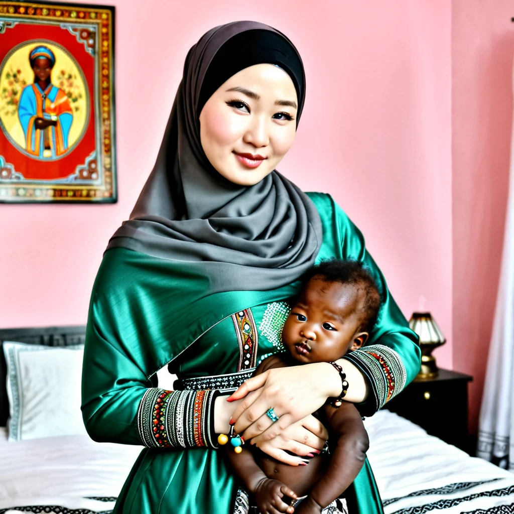 Pale skin ugly Mongolian woman in hijab standing in room bracelet embracing her ebony African 