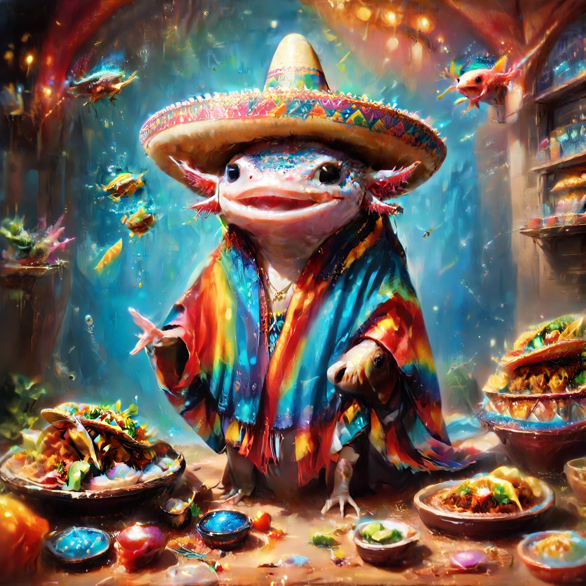 (masterpiece:1.5) axomdel2, A happy axolotl wearing sombrero and poncho, with details of tacos