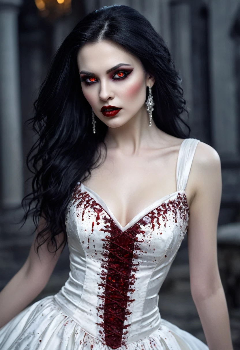 Arafed, dark fantasy art, goth art, a beautiful female vampire wearing a (blood stained white evening dress: 1.5), an extremely beautiful female vampire, ultra detailed face, black hair, long hair, wavy hair, dark glamour make up, pale skin, red lips, glowing red eyes, visible vampiric fangs, she wears a ((white evening dress: 1.5)), elegant, intricate detailed dress, silk dress, small cleavage, ((dress is decorated with gems: 1.4)), she wears elegant knee high heeled boots, exquisite knee high heeled boots, there are stains of blood on the upper part of the dress, dynamic background
