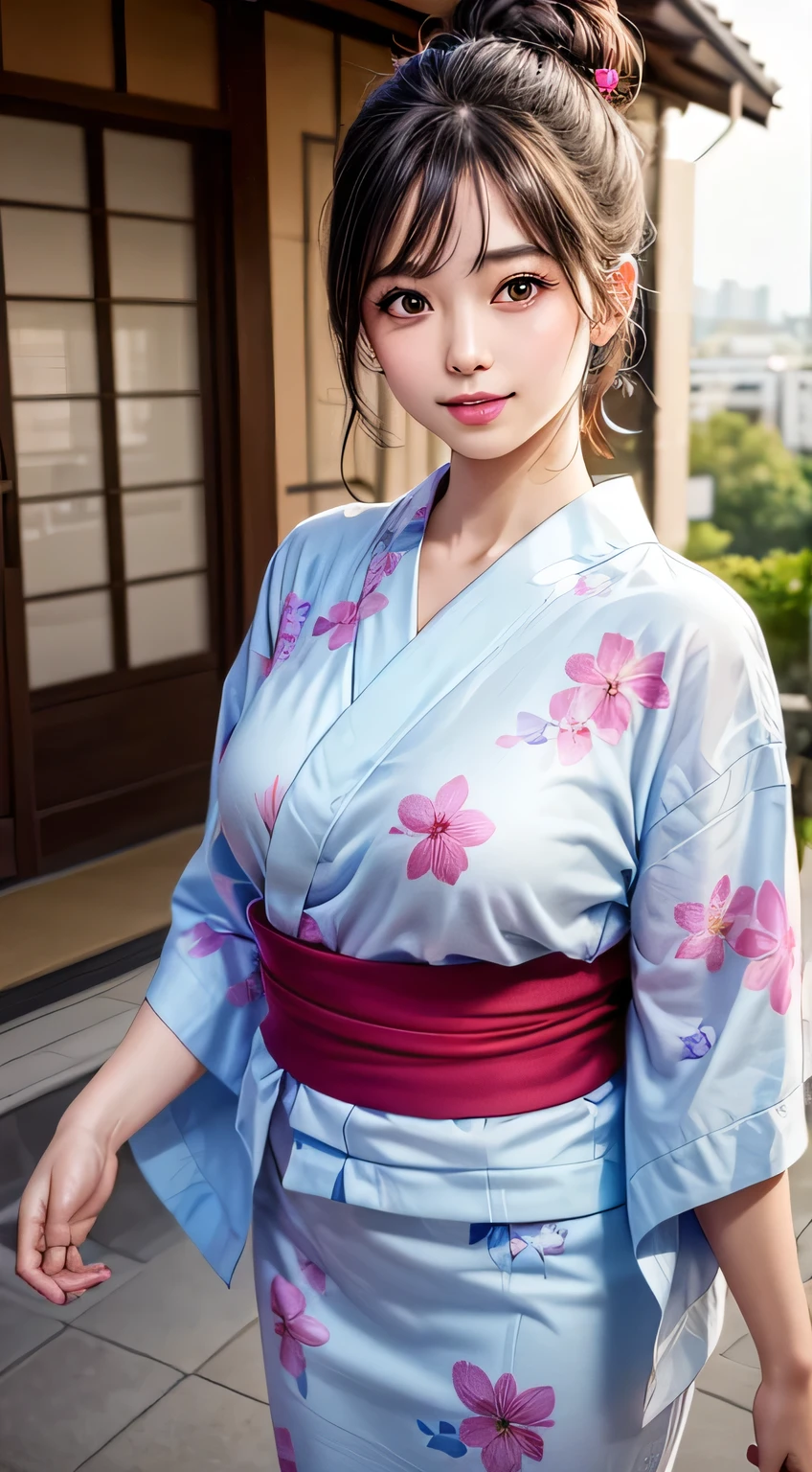 (One Girl), exremely cute face, Great face and eyes, (Highly detailed eyes, Highly detailed face), Fresh, Very beautiful appearance, (超Realistic, High resolution), (Highest quality:1.4), RAW Photos, (Realistic, Realistic:1.37), Professional photography, (Floral Yukata:1.3), smile, (look at me), Japanese-style room, Portrait of a Girl,Balcony、firework,hair bun、