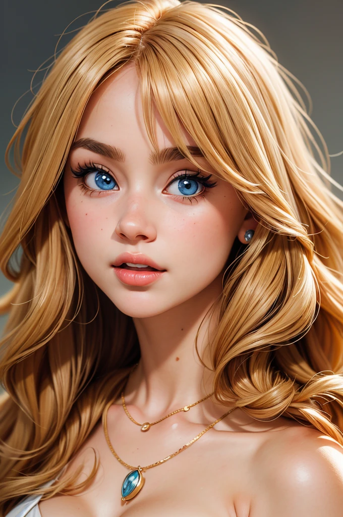 (Masterpiece, Professional lighting, 16k, 8k wallpaper, raw photo, photorealistic:1.8, ultra detailed, natural lighting, detailed skin, detailed face, detailed eyes), 1 beautiful girl, long curly blond hair with bangs, necklace, blue eyes, sexy gaze inviting look