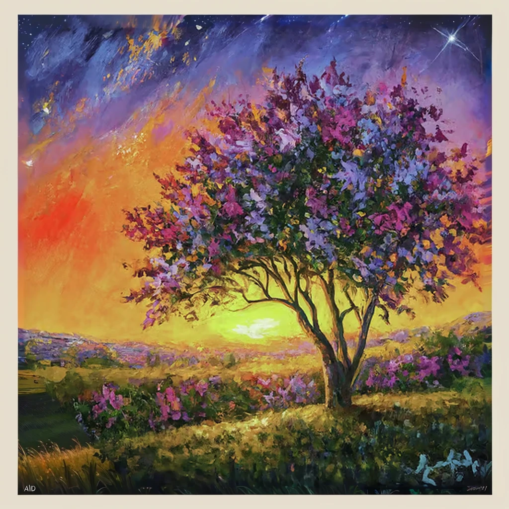 picture of a tree in a field against a background of sunset, twilight ; digital oil painting, detailed painting 4k, highly detailed picture in 4k, The art of scenery in detail, beautiful art uhd 4 k, acrylic art, dream landscape art, luminescent oil painting, oil painting 4k, oil painting 4k, 4k oil painting, detailed 4k oil painting