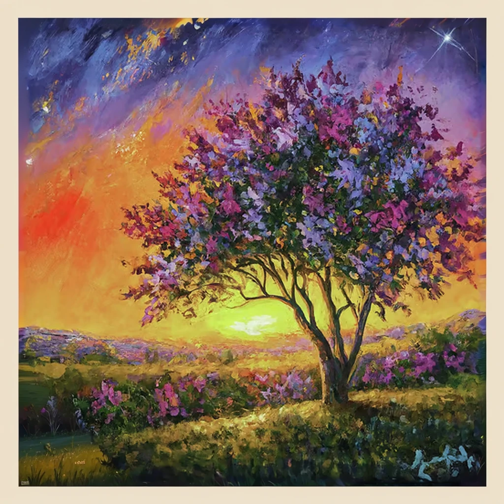 picture of a tree in a field against a background of sunset, twilight ; digital oil painting, detailed painting 4k, highly detailed picture in 4k, The art of scenery in detail, beautiful art uhd 4 k, acrylic art, dream landscape art, luminescent oil painting, oil painting 4k, oil painting 4k, 4k oil painting, detailed 4k oil painting
