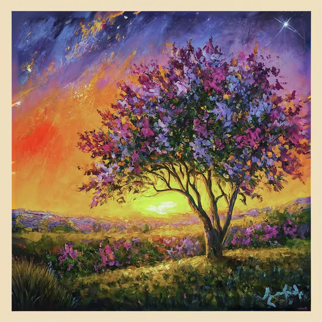 picture of a tree in a field against a background of sunset, twilight ; digital oil painting, detailed painting 4k, highly detailed picture in 4k, The art of scenery in detail, beautiful art uhd 4 k, acrylic art, dream landscape art, luminescent oil painting, oil painting 4k, oil painting 4k, 4k oil painting, detailed 4k oil painting