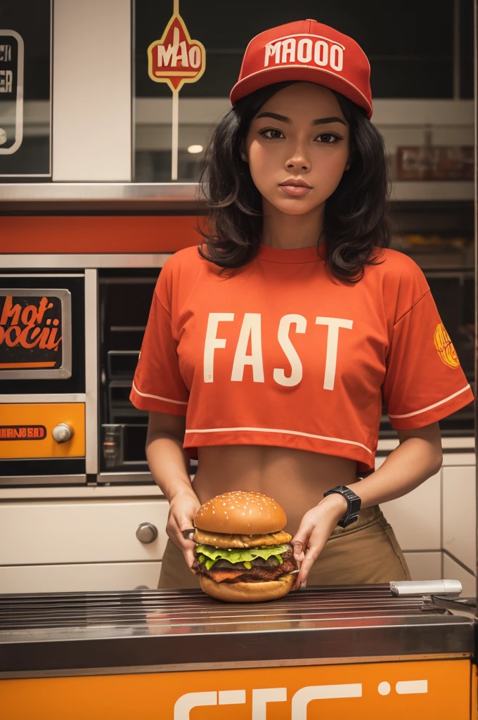 Fastfood style logo with the name Mao de Fogo Burger , everything very perfect in the 70s style , taking references from the urban scene