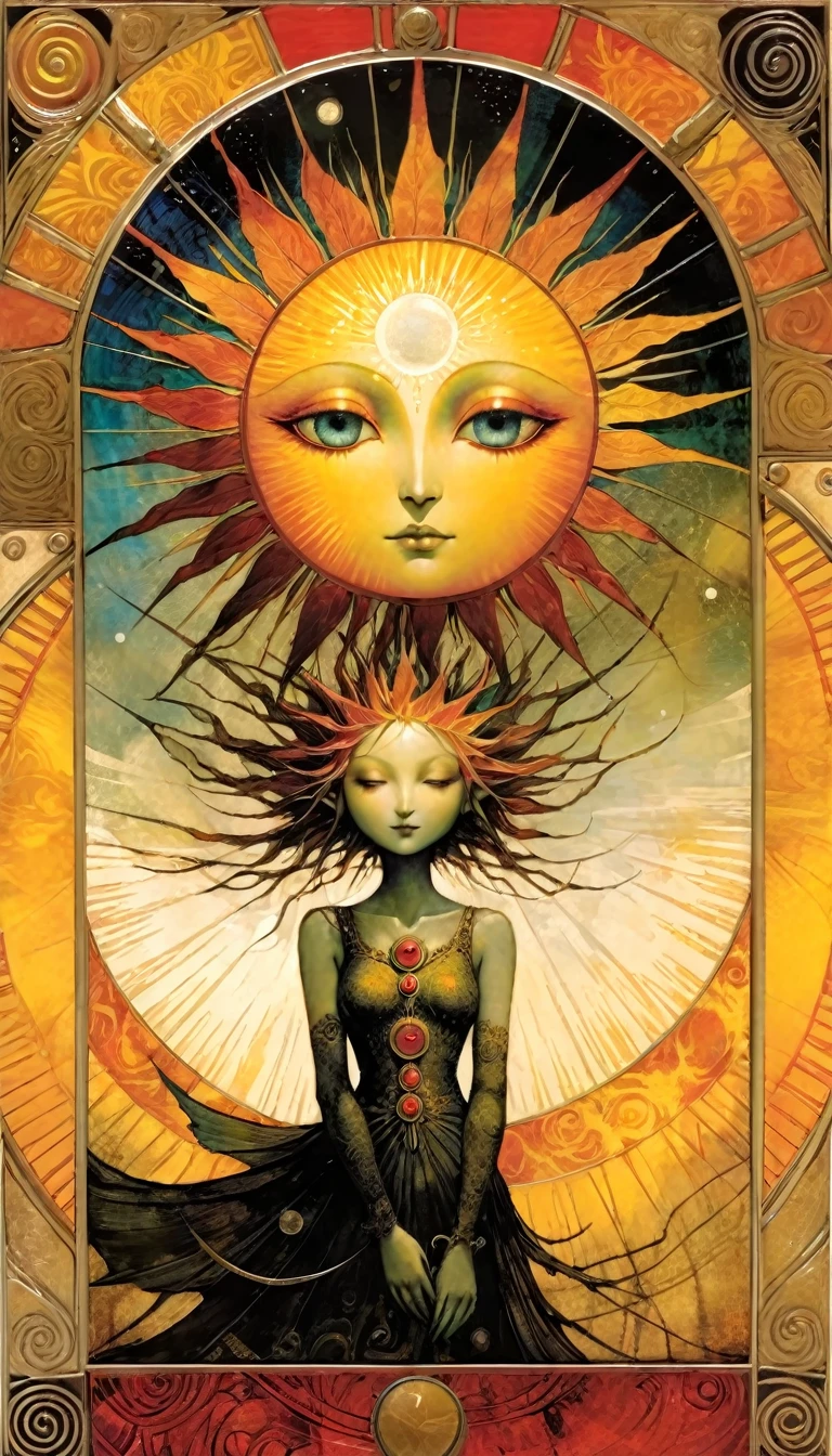 ((tarot card)) THE SUN ((card frame)), work by Dave mcKean, vivid colors, intricate details, oil.
