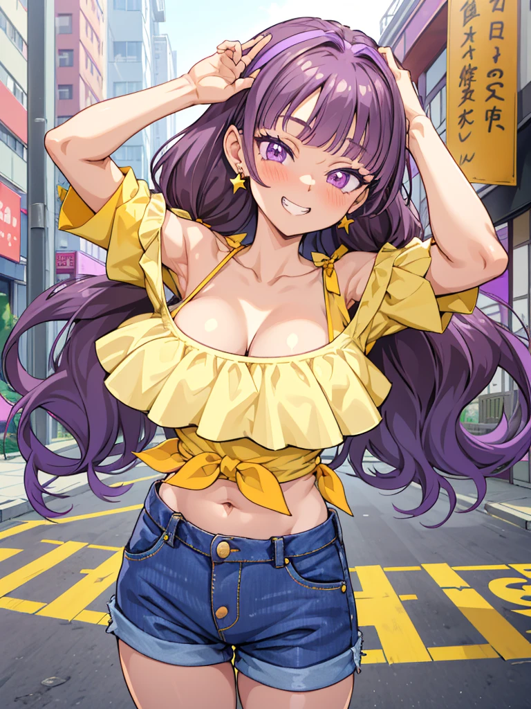 Amanogawa Kist, One girl, alone, Purple hair band, Star earrings, Yellow Shirt, Exposing shoulders, Off the shoulder、
Denim hot pants、  View your viewers, Cowboy Shot, Are standing, 
street、
Thighs、Big Breasts、 belly button、Groin、Purple Eyes、
blush、Grin、Raise your arms、