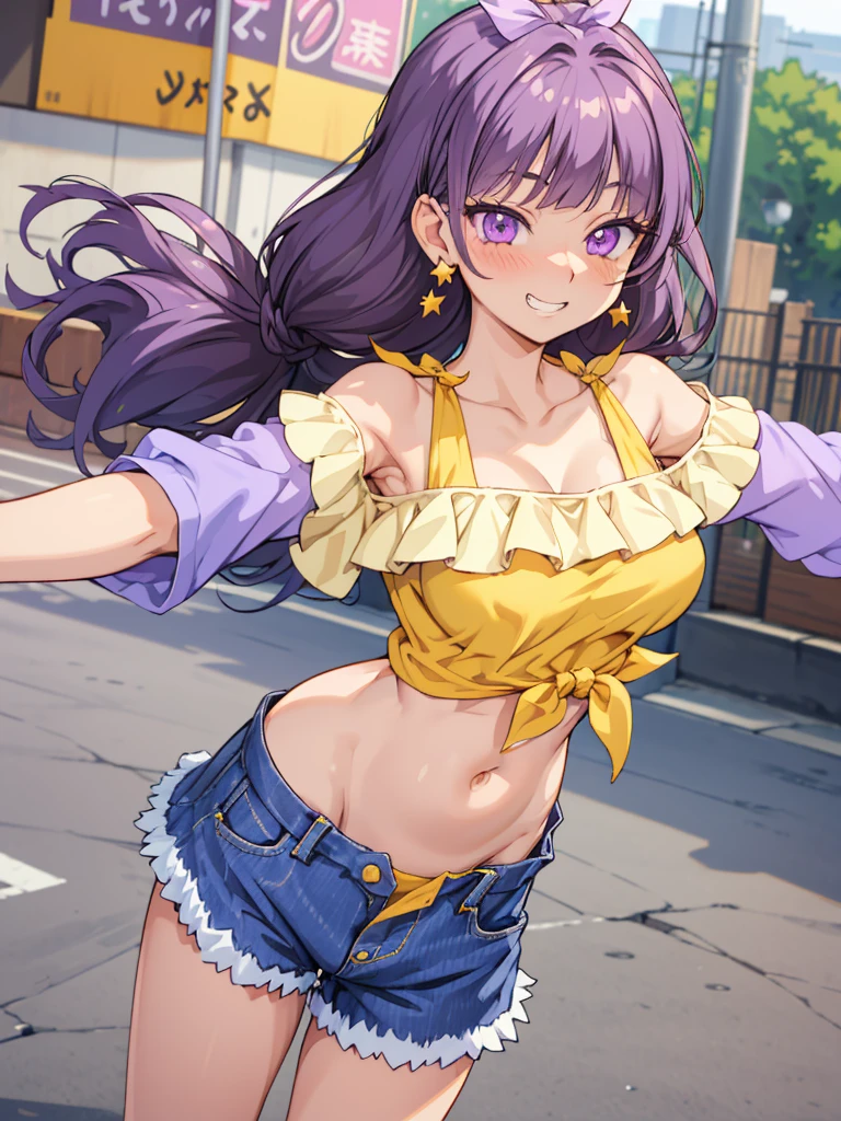 Amanogawa Kist, One girl, alone, Purple hair band, Star earrings, Yellow Shirt, Exposing shoulders, Off the shoulder、
Denim hot pants、 View your viewers, Cowboy Shot, Are standing,
street、
Thighs、Big Breasts、 belly button、Groin、Purple Eyes、
blush、Grin、Raise your arms、