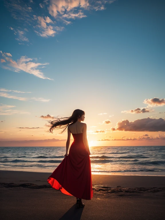 ((masterpiece)), (Highest quality), Official Art, unity 8k wallpaper, Very detailed, One Girl, alone, ((cowboy shot)), red, Evening Dresses, Seaside, Sunset, Swaying in the wind, silhouette, shine, warm, beautiful, hair