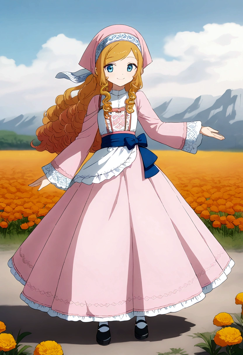 golden orange hair, gradient hair, very long hair, swept bangs, sidelocks, curly hair, wavy hair, (((((head scarf))))), head bandana, pink apron, flower in hair, marigold, orange flower, blue eyes, dirndl, pink dress, pink dirndl, long sleeves, waist apron, white apron, bow on waist, blue bow, , polish clothing, Slavic clothing, Hungarian clothing, anime, cute, full body, white leggings, black shoes, flat chest,, smile
