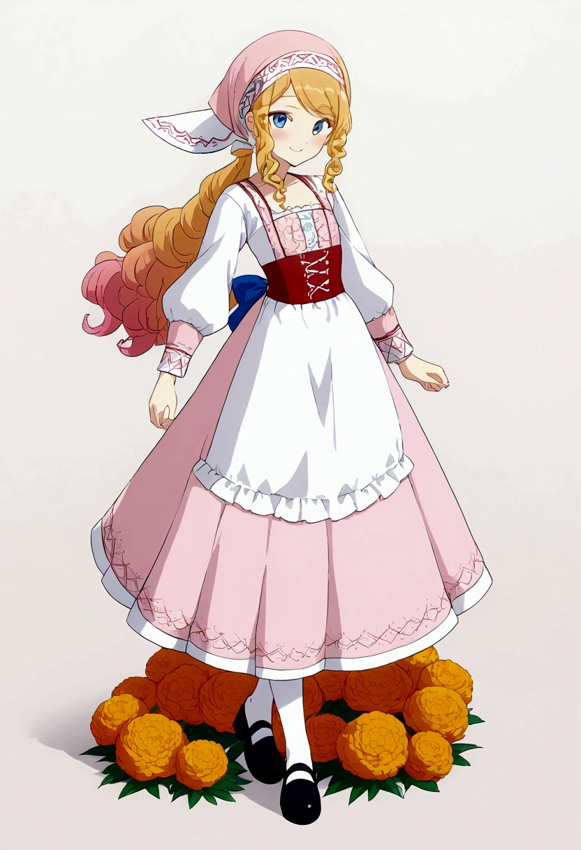 golden orange hair, gradient hair, very long hair, swept bangs, sidelocks, curly hair, wavy hair, (((((head scarf))))), head bandana, pink apron, flower in hair, marigold, orange flower, blue eyes, dirndl, pink dress, pink dirndl, long sleeves, waist apron, white apron, bow on waist, blue bow, , polish clothing, Slavic clothing, Hungarian clothing, anime, cute, full body, white leggings, black shoes, flat chest,, smile