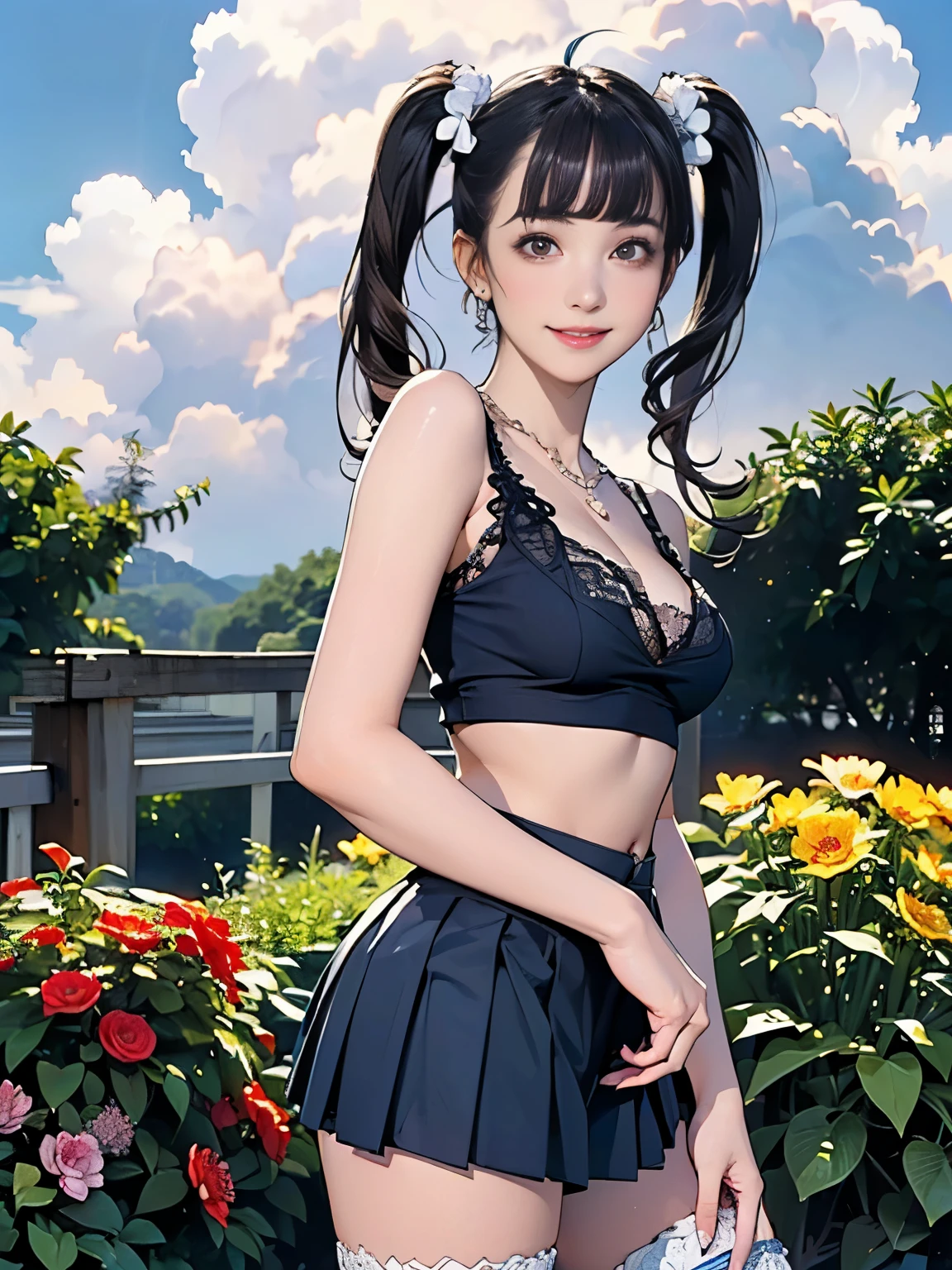 ((((Highest quality))))、(((Ultra-precision CG16K wallpaper)))、(((masterpiece)))、(((Super detailed)))、(((Extreme detail)))、((1Mature 29 year old woman:1.6))、((Very beautiful Japan face of a person))、((Urizane Face:1.8))、((twin tail straight hair、blunt bangs:1.8))、(Shiny brown hair)、A delicately drawn beautiful face、Dark Eyes、double eyelid、High nose、Small nostrils、Small Mouth、Seductive lips、Beautiful breasts、((C cup size breasts))、Cleavage、Beautiful feet、eight-headed body、Perfect proportions、Perfect Anatomy、Perfect composition、Beautiful detailed shading、Beautiful, natural lighting、Beautiful detail glow、Depth of written boundary、(((High chroma)))、(((Real:1.9)))、((vivid:1.5))、((Beautiful Skin))、((Skin Texture))、((Realな皮膚感))、(((Cowboy Shot:1.6)))、((front view、shoot from front、front low angle:1.6))、(((smile:1.7)))、((The woman is looking at this、looking at viewer:1.6))、Bright daylight、Natural light、(((Flower Garden、cloud:1.5)))、(Gravure idol walking pose:1.6)、(((Navy blue lace tank top&Low-rise pleated mini skirt:1.6)))、((Scrunchie Ribbon、necklace、Wearing earrings:1.5))、((Knee socks clothing:1.5))、