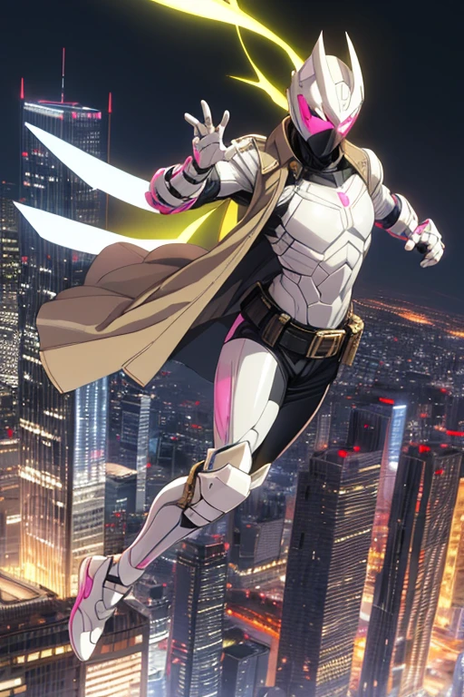 ((best quality)), ((masterpiece)), (detailed), 1 boy, full body, 19 years old, masked, white mask covering his entire head, smooth head, mask covering his mouth, large black goggles, black aviation mouthguards, black collar, tall and thin, very thin, long beige trench coat, open trench coat showing his chest, black fingerless gloves, white wristbands, white nanotech suit resembling light armor, white chest with an I, luminous pink letter "I" emblem on the chest, letter I, black pants, white knee pads, metallic white shoes, superhero belt, nanotechnology in the air, flying on a building, city background, anime