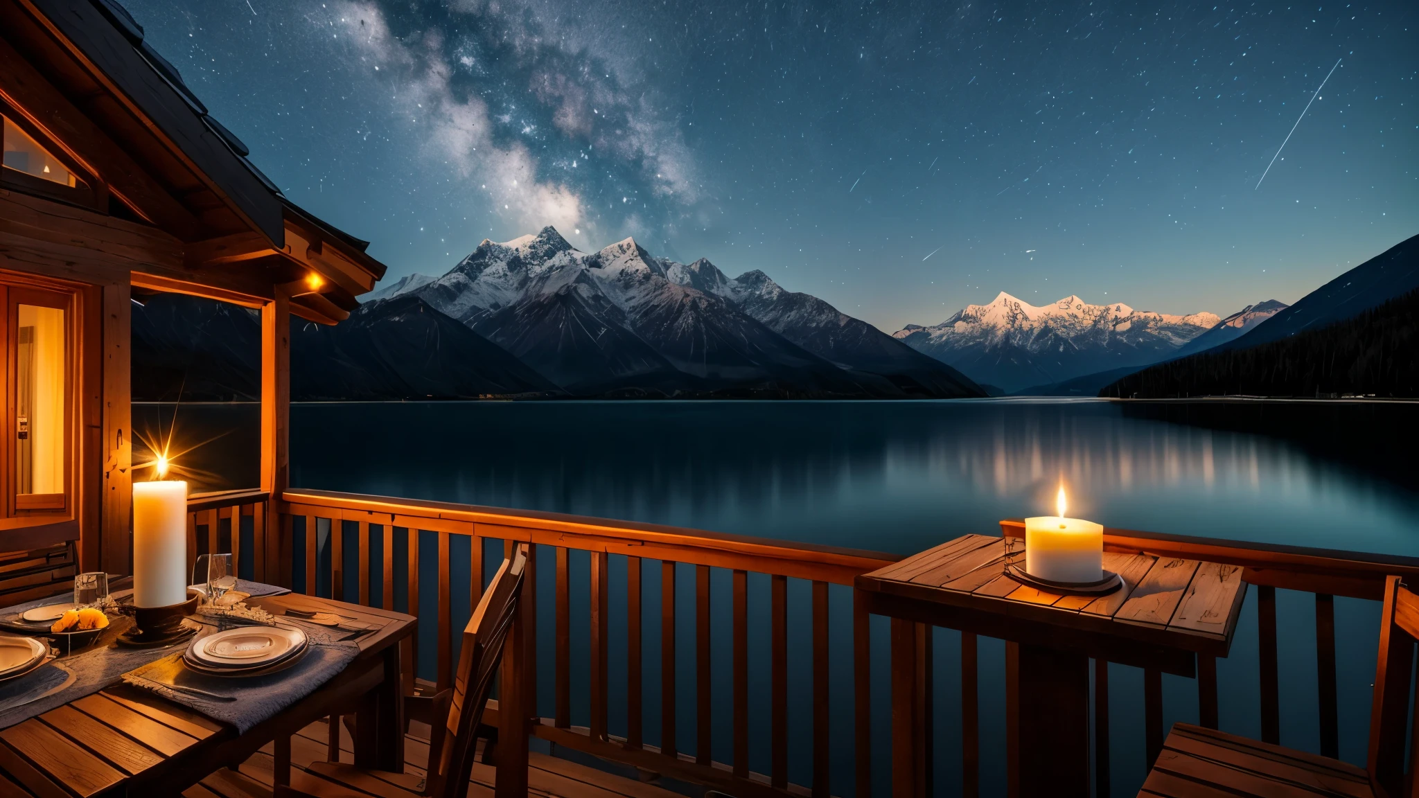 A distant mountain hut in the moonlight、Candle flame、lake、Balcony