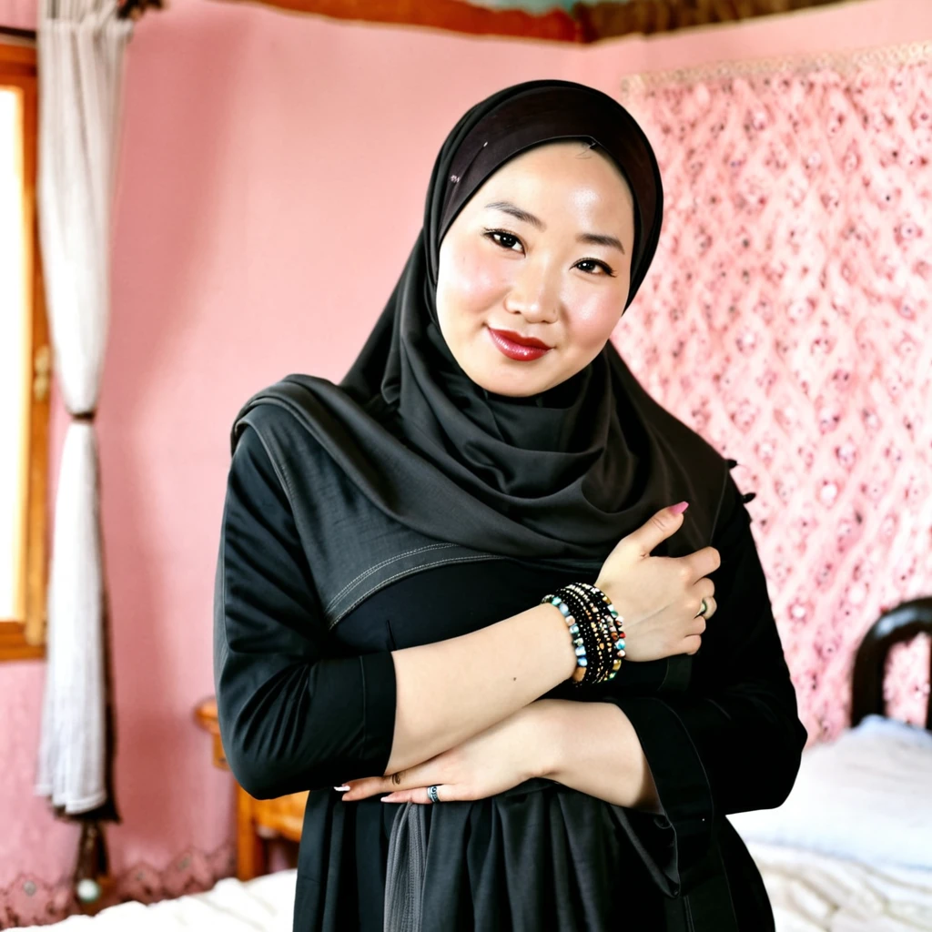 Pale skin ugly Mongolian woman in hijab standing in room bracelet embracing her ebony African baby