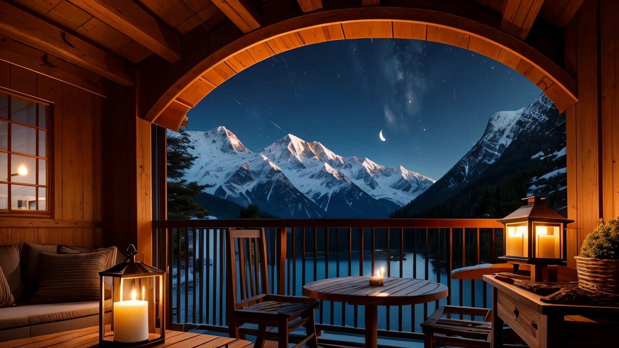A distant mountain hut in the moonlight、Candle flame、lake、Balcony
