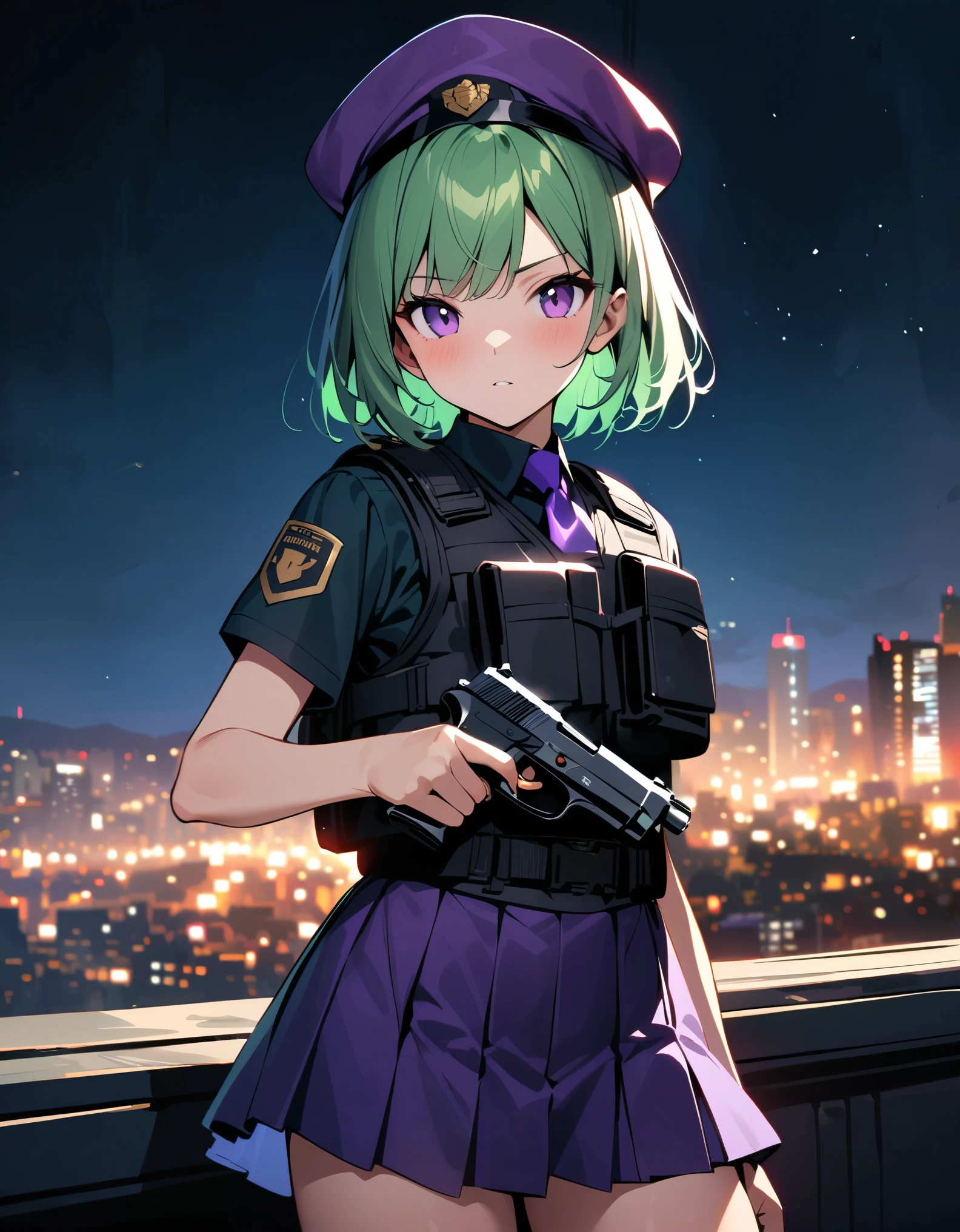 (masterpiece), (best quality), (hires), top-quality、extremely delicate and beautiful、(a teenage girl)、purple eyes、green hair、short-haired、(purple pointy hat)、purple tie、solo、tactical vest、short sleeves. purple skirt, pleated skirt, miniskirt、(holding a pistol in her right hand, (beretta 92fs))、((pointing the gun to the front)). city backdrop, night, noir atmosphere. cowboy shot.
