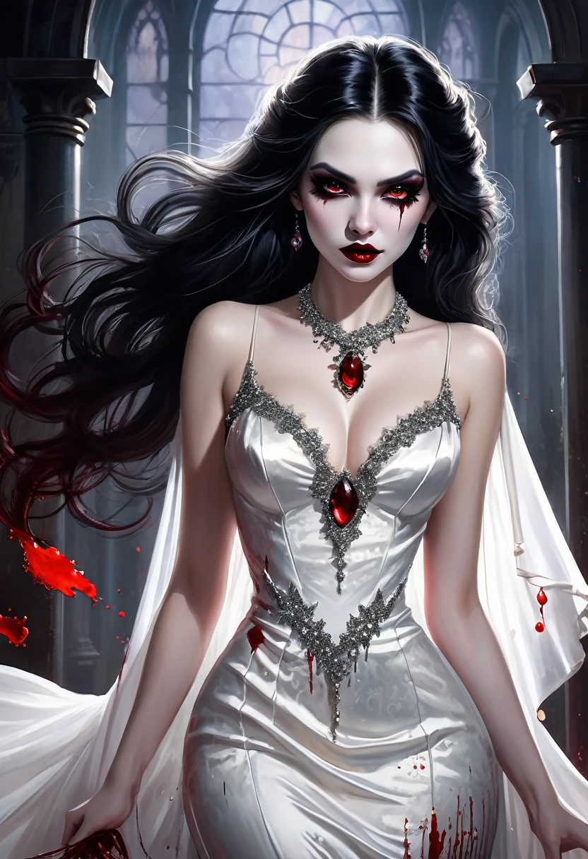 Arafed, dark fantasy art, goth art, a beautiful female vampire wearing a (blood stained white evening dress: 1.5), an extremely beautiful female vampire, ultra detailed face, black hair, long hair, wavy hair, dark glamour make up, pale skin, red lips, glowing red eyes, visible vampiric fangs, she wears a ((white evening dress: 1.5)), elegant, intricate detailed dress, silk dress, small cleavage, ((dress is decorated with gems: 1.4)), she wears elegant knee high heeled boots, exquisite knee high heeled boots, there are stains of blood on the upper part of the dress, dynamic background