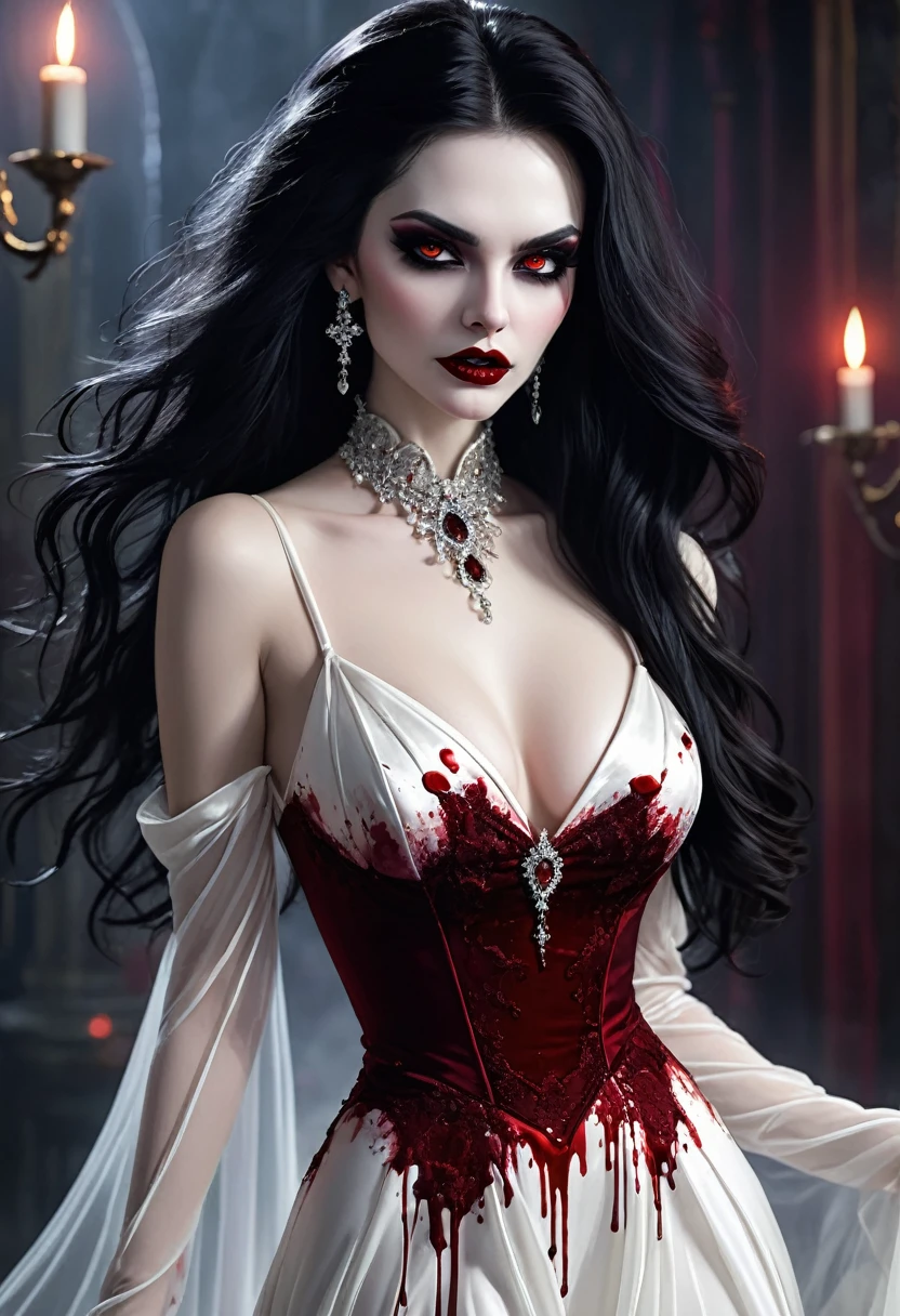 Arafed, dark fantasy art, goth art, a beautiful female vampire wearing a (blood stained white evening dress: 1.5), an extremely beautiful female vampire, ultra detailed face, black hair, long hair, wavy hair, dark glamour make up, pale skin, red lips, glowing red eyes, visible vampiric fangs, she wears a ((white evening dress: 1.5)), elegant, intricate detailed dress, silk dress, small cleavage, ((dress is decorated with gems: 1.4)), she wears elegant knee high heeled boots, exquisite knee high heeled boots, there are stains of blood on the upper part of the dress, dynamic background