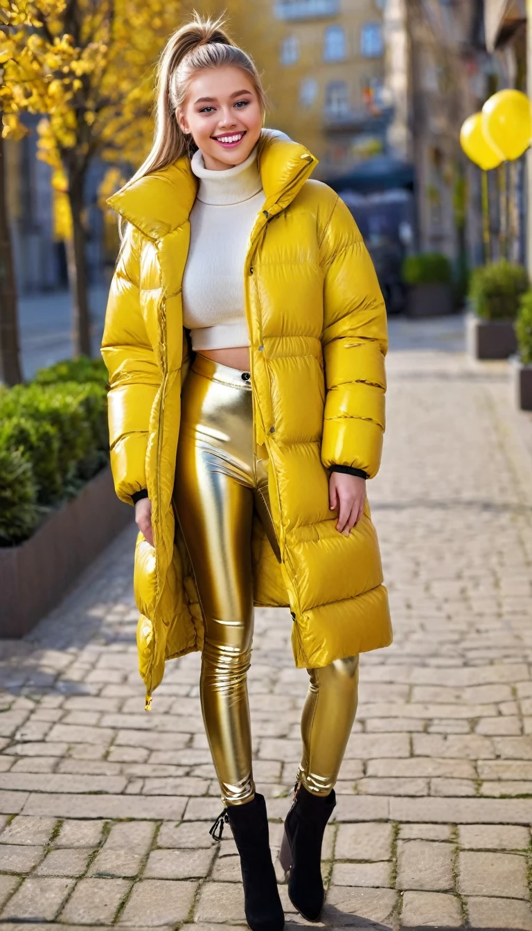 ultrarealistic high quality full body photo of a beautiful busty slim european 18-year-old woman with cute hyperdetailed shy face and natural blonde straight long ponytail and shy smile , realistic round hazel eyes, natural lips, light makeup, wearing shiny metallic bright yellow puffer coat and leather pants, hourglass body, outdoor photography, tanned, nsfw
