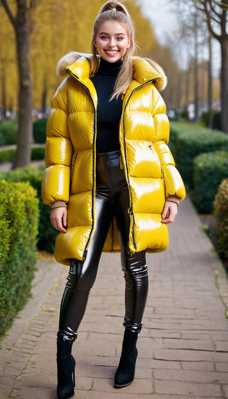 ultrarealistic high quality full body photo of a beautiful busty slim european 18-year-old woman with cute hyperdetailed shy face and natural blonde straight long ponytail and shy smile , realistic round hazel eyes, natural lips, light makeup, wearing shiny metallic bright yellow puffer coat and leather pants, hourglass body, outdoor photography, tanned, nsfw