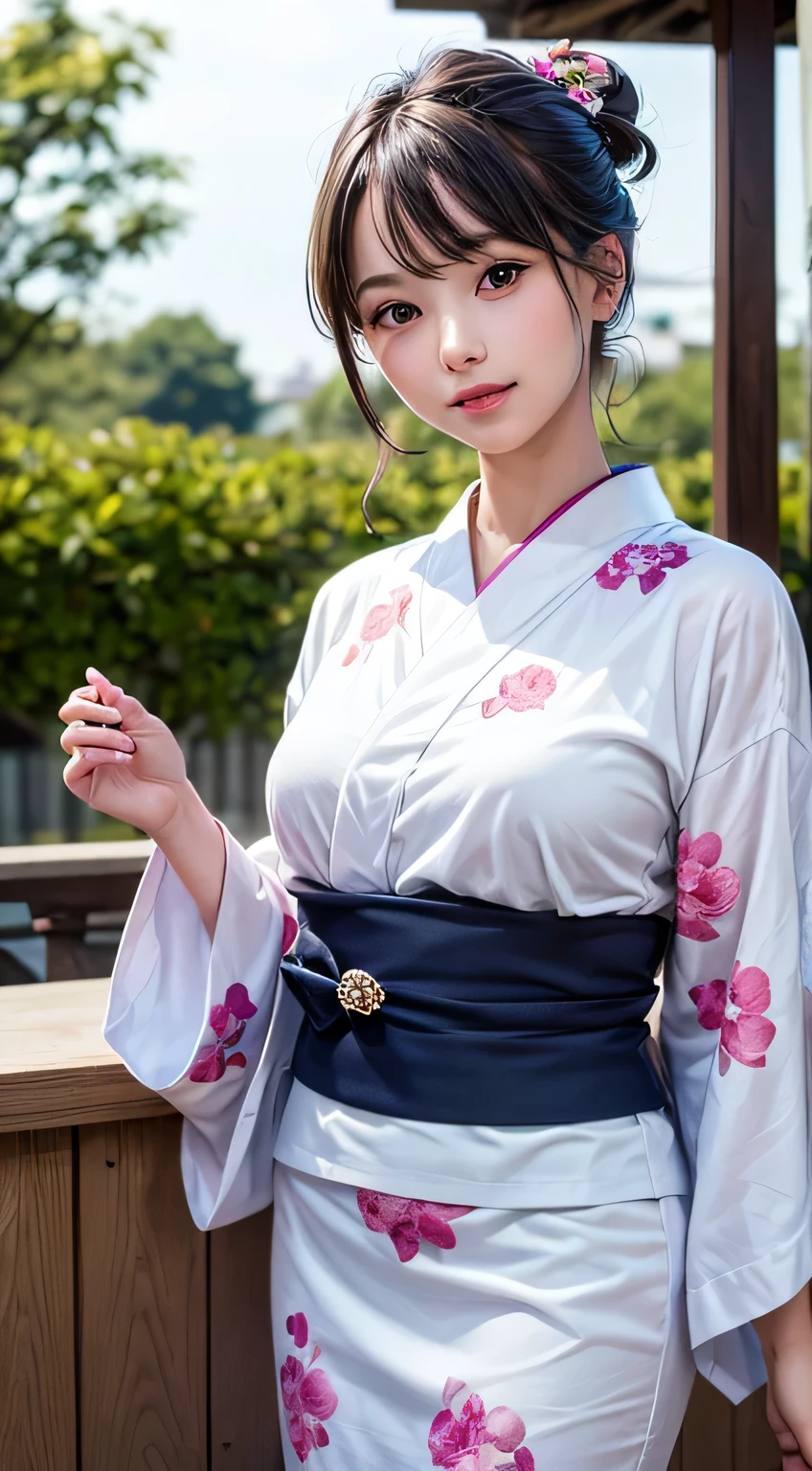 (One Girl), exremely cute face, Great face and eyes, (Highly detailed eyes, Highly detailed face), Fresh, Very beautiful appearance, (超Realistic, High resolution), (Highest quality:1.4), RAW Photos, (Realistic, Realistic:1.37), Professional photography, (Floral Yukata:1.3), smile, (look at me), Japanese-style room, Portrait of a Girl,balcony、firework,Hair Bun、