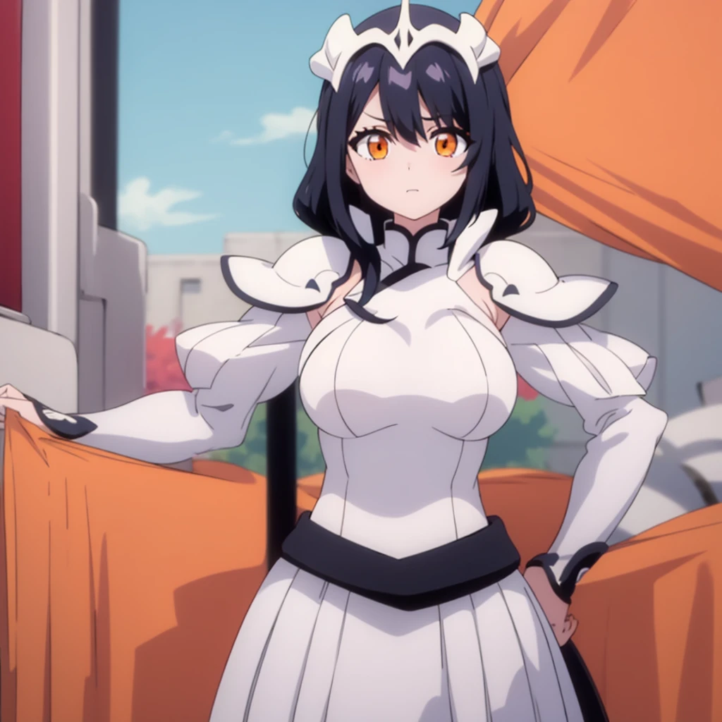 Highest quality, 1girl, solo, long black hair, orange eyes, large breasts, white japanese armor, pale skin